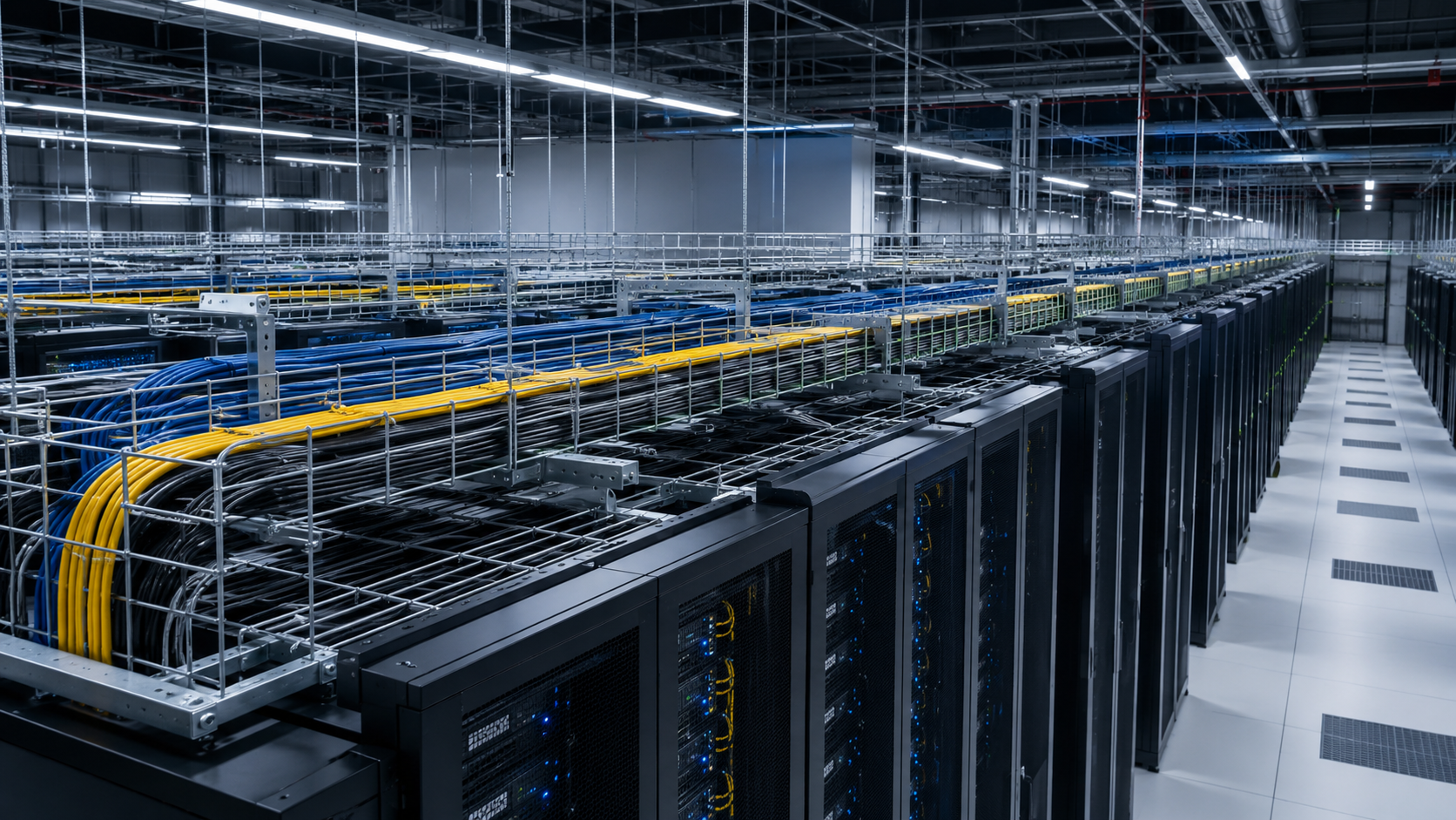 Data center electrical infrastructure with cable trays and server rows